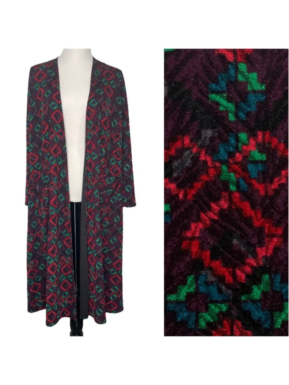LuLaRoe Sarah Duster Cardigan Small Geometric Open Front Pockets Womens